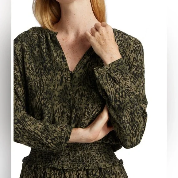 Rails Jasmine Olive Static Womens Printed Smocked Mini Dress Size M